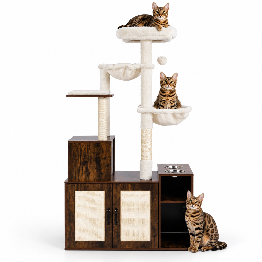 Little Leopards cat tree, workbook design 42, Bengal cats on white background