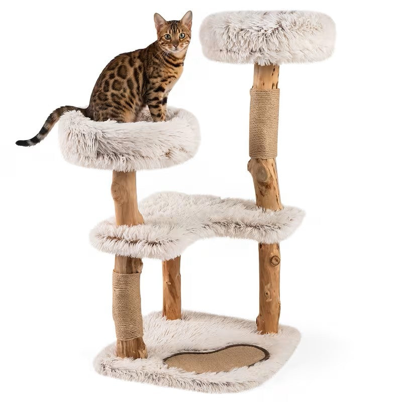 Little Leopards natural branch cat tree with a Bengal on white background