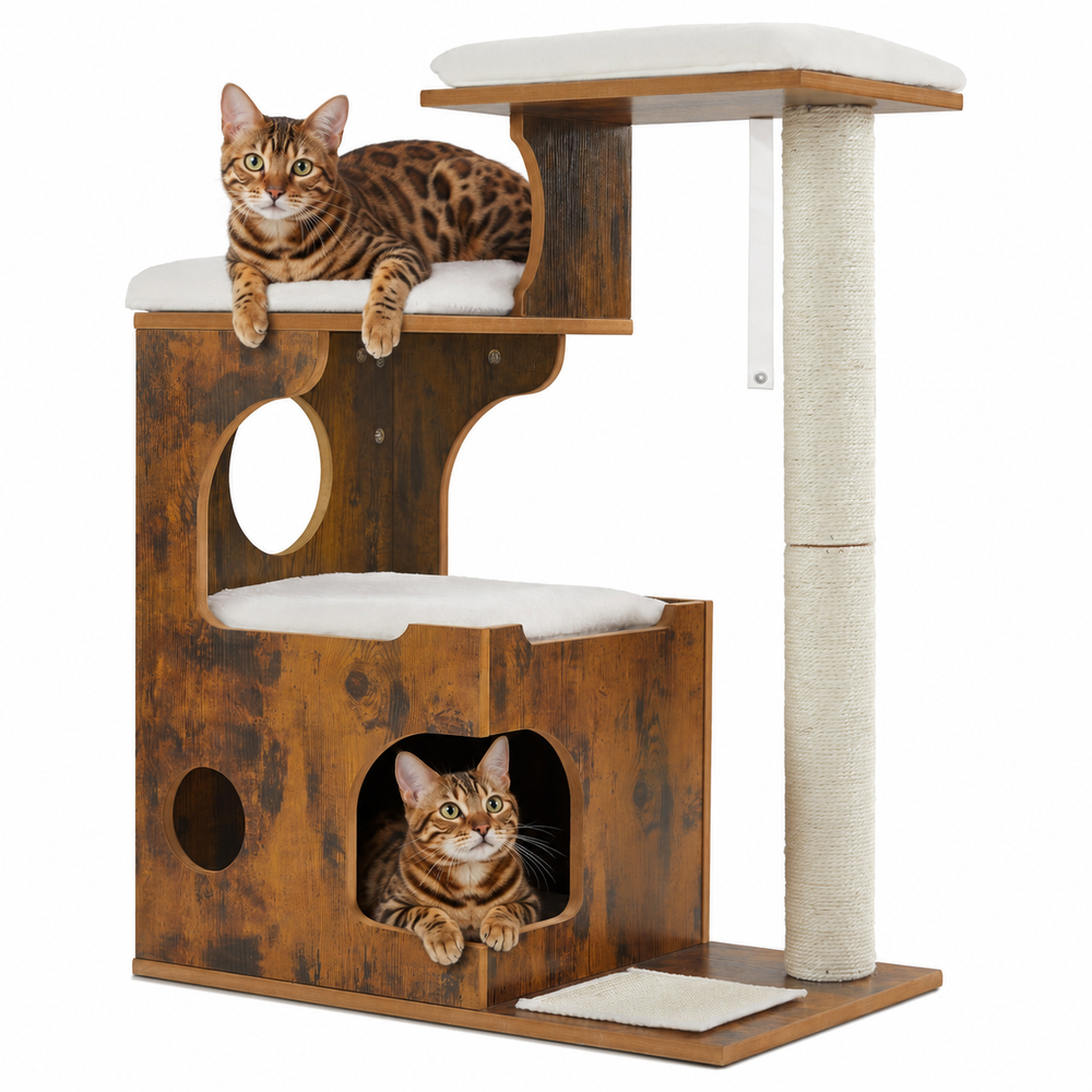 Woodland Trio Cat Tree — Rustic Brown + White