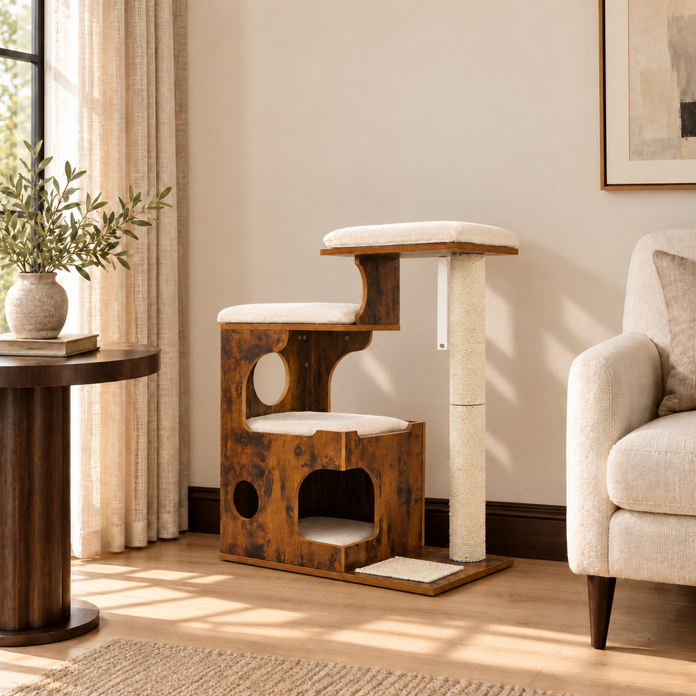 Woodland Trio Cat Tree — Rustic Brown + White